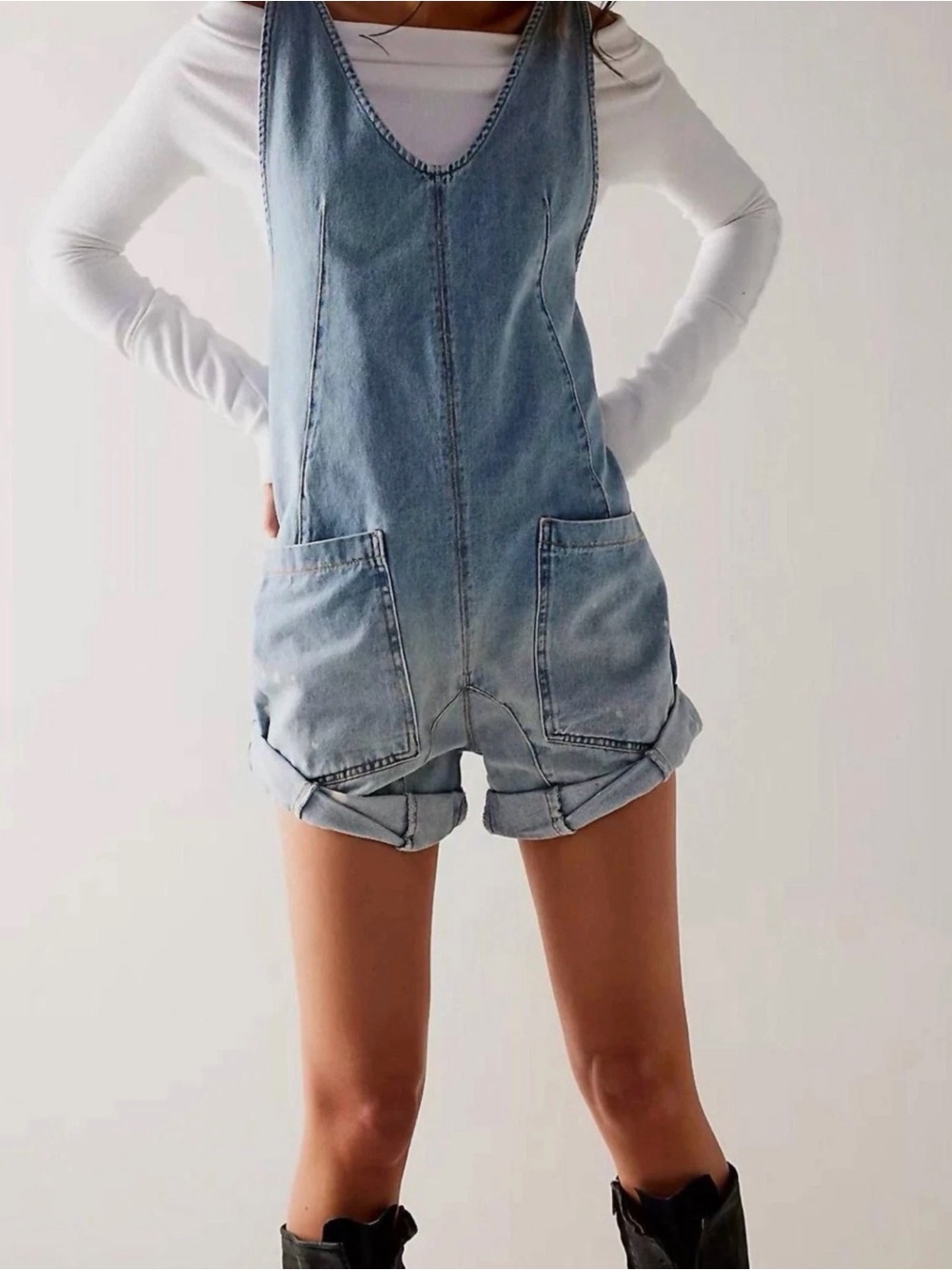 Free People We The Free High Roller Shortall Denim Romper, Size L